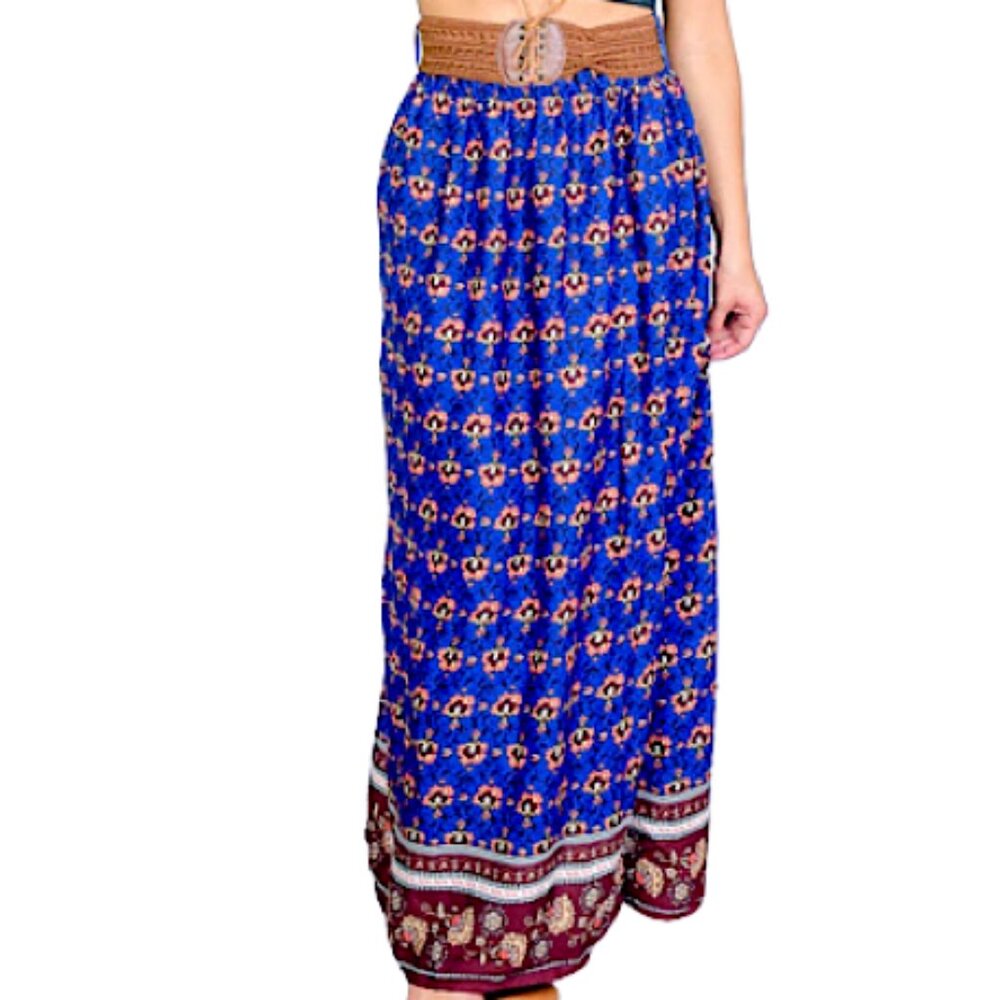 Women's Tribal Print Maxi Skirt Slit Side High Waist Belted Long Skirt Bohemian